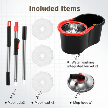 Spin Mop and Bucket with Wringer Set, 360° Spinning Mop and Bucket System with 3 Microfiber Mop Replacement Heads and 51" Stainless Steel Adjustable Handle for Mop Floor Cleaning