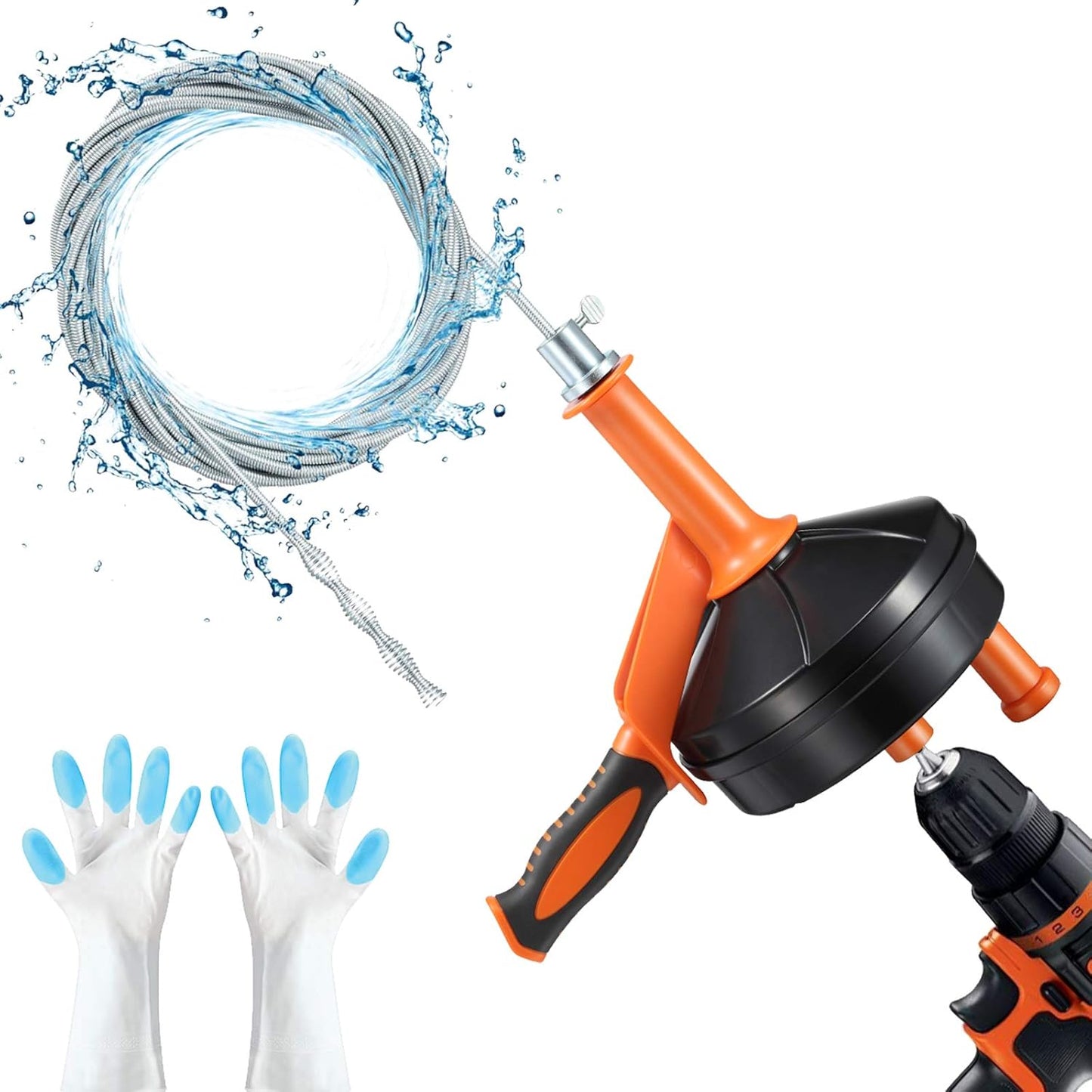 Drain Auger, Clog Remover with Drill Adapter, 25 Feet Flexible Plumbing Snake Use Manually or Powered for Kitchen, Bathroom and Shower Sink, Comes with Gloves (blue)