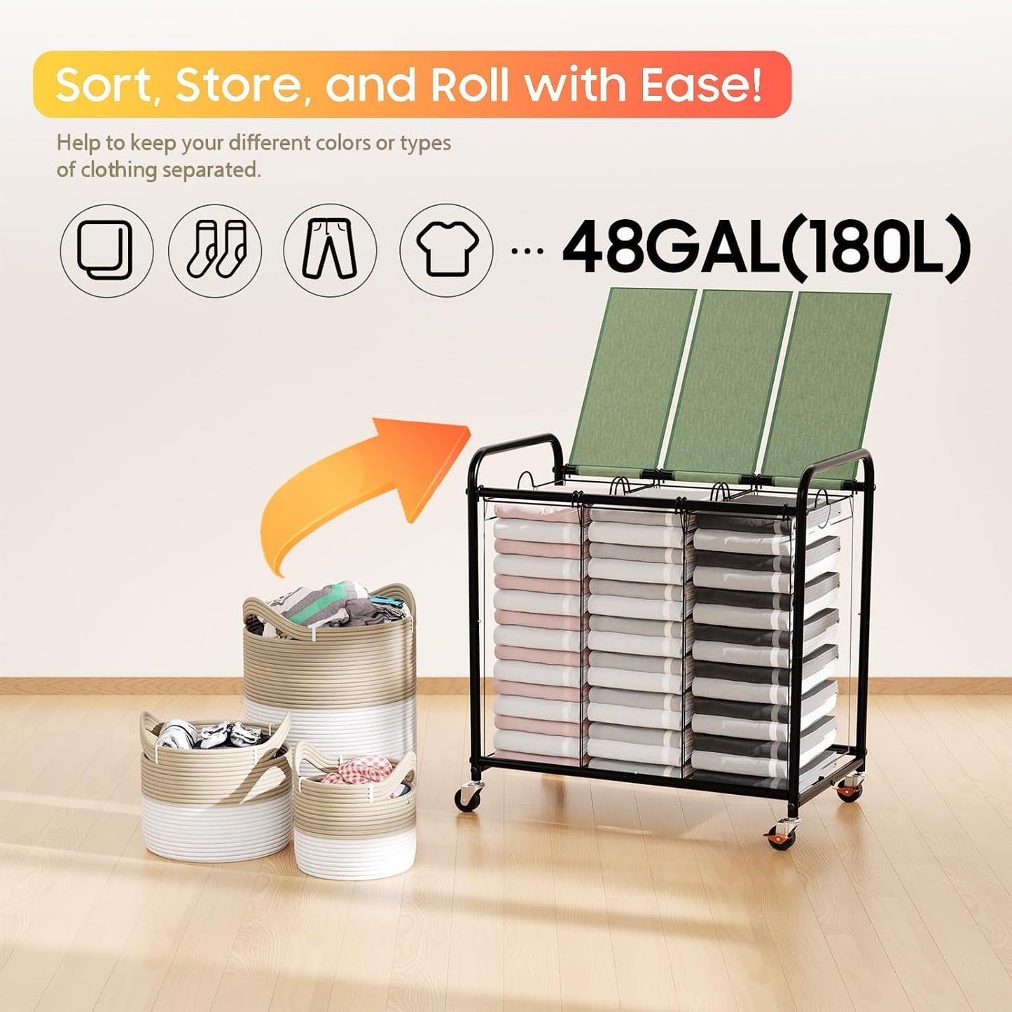 180L (47.55 Gal) Laundry Sorter 3 Section, Rolling Laundry Basket with Lockable Wheels and Lid, Laundry Hamper with 3 Separated Removable Bags Dirty Clothes Hamper for Laundry Room Organizer, Black