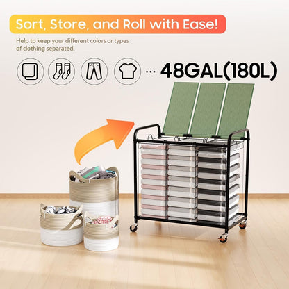 180L (47.55 Gal) Laundry Sorter 3 Section, Rolling Laundry Basket with Lockable Wheels and Lid, Laundry Hamper with 3 Separated Removable Bags Dirty Clothes Hamper for Laundry Room Organizer, Black
