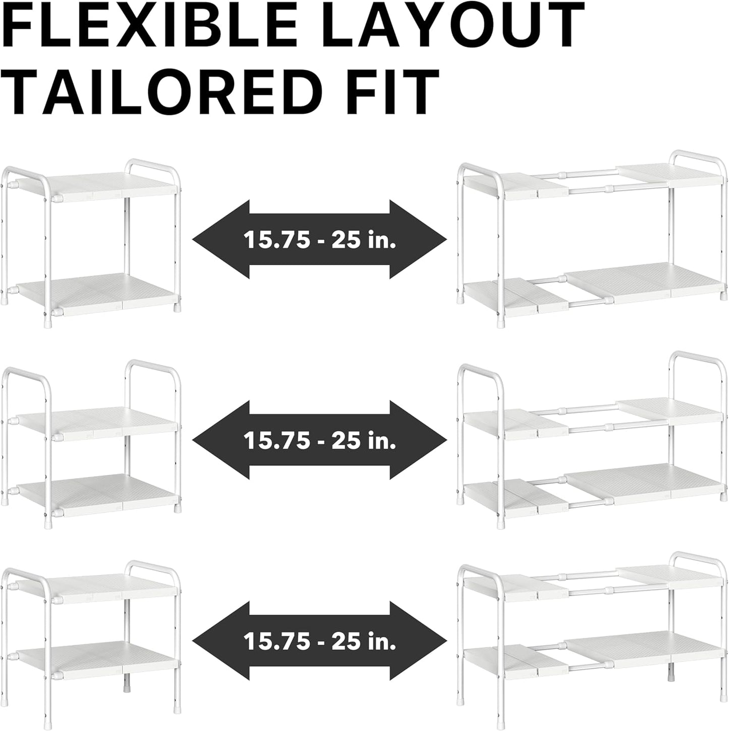 Simple Houseware Under Sink 2-Tier Heavy Duty Expandable Rack Organizer, Adjustable Width 15.75–25 Inches with 4 Shelf Height Levels, Silver