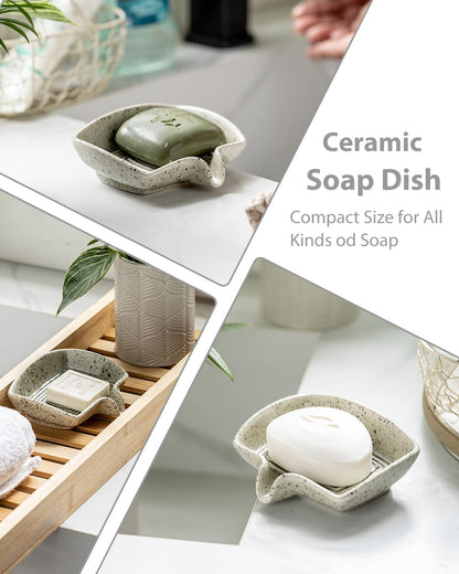 Self Draining Soap Dish, Ceramic Drain Soap Holder Waterfall Design Soap Saver for Shower, Bathroom, Sink, Kitchen and Countertop, Keeps Dry, Green