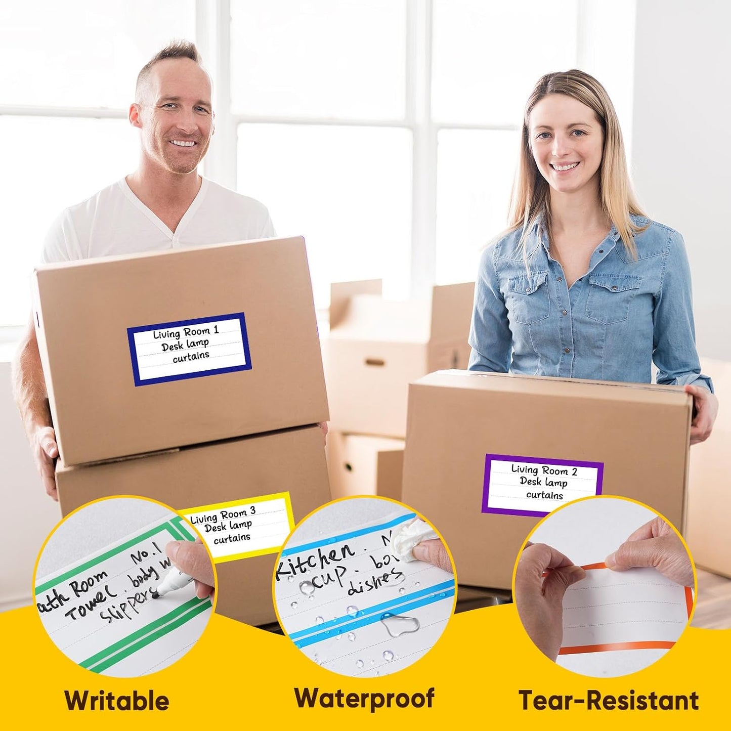 6 x 3 Inches Large Removable Moving Labels for Boxes, 180 Pack 8 Color Coded Moving Stickers for 3-4 Bedroom House, Waterproof Tear Resistant with Fragile & Blank Customizable Labels