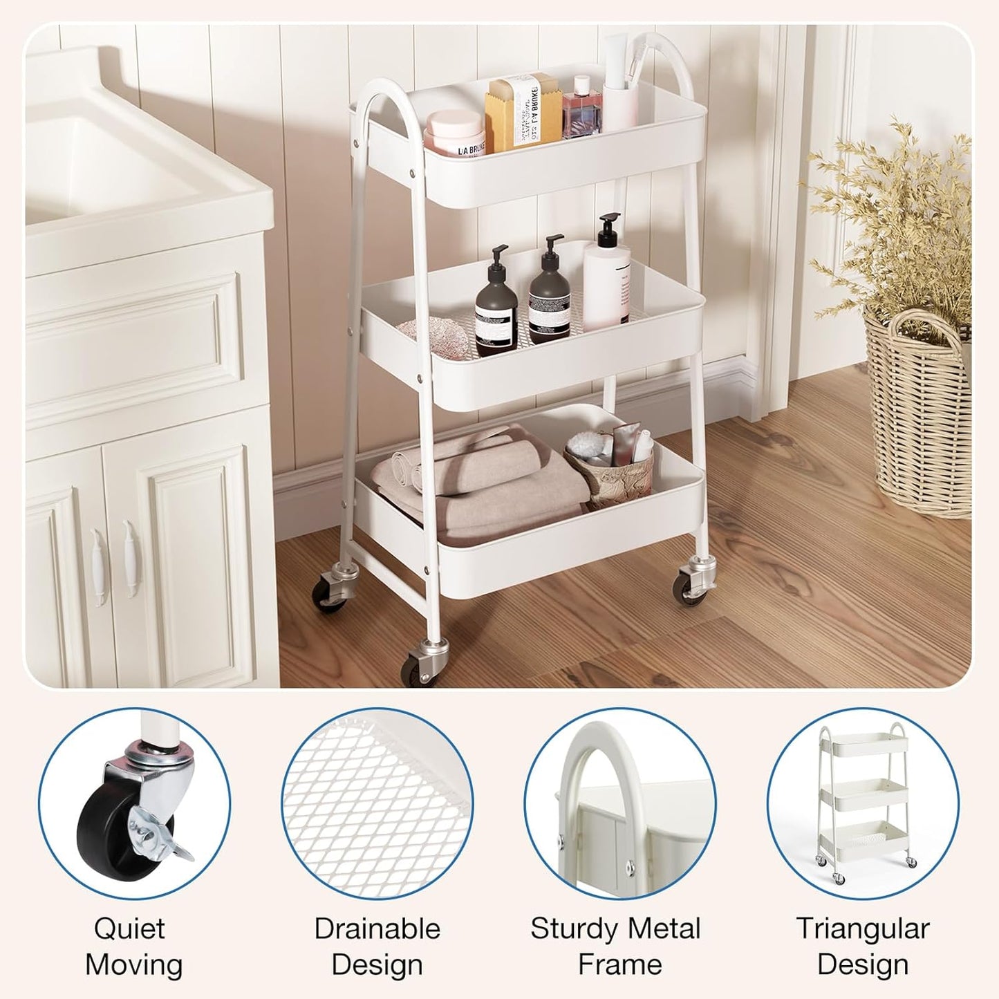 OLIXIS Metal 4 Tiers Utility Rolling Cart, Mobile Storage Shelf with Lockable Caster Wheels, Organization for Livingroom, Bathroom, Kitchen, & Narrow Places, 4-Tier Green