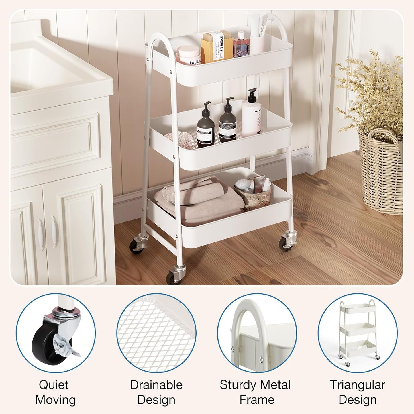 DUMOS 3 Tiers Rolling Cart, Utility Cart, Metal, White | Mobile Storage, Lockable Wheels, Utility Shelving Unit, Kitchen, Bathroom, Laundry, Narrow Places