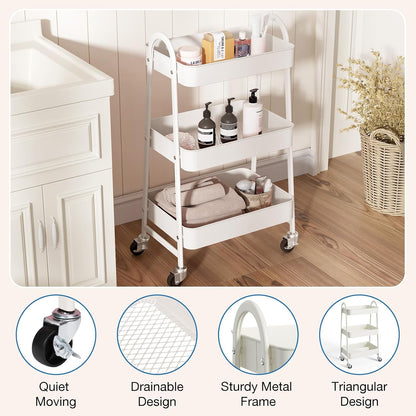 DUMOS 3 Tiers Rolling Cart, Utility Cart, Metal, White | Mobile Storage, Lockable Wheels, Utility Shelving Unit, Kitchen, Bathroom, Laundry, Narrow Places