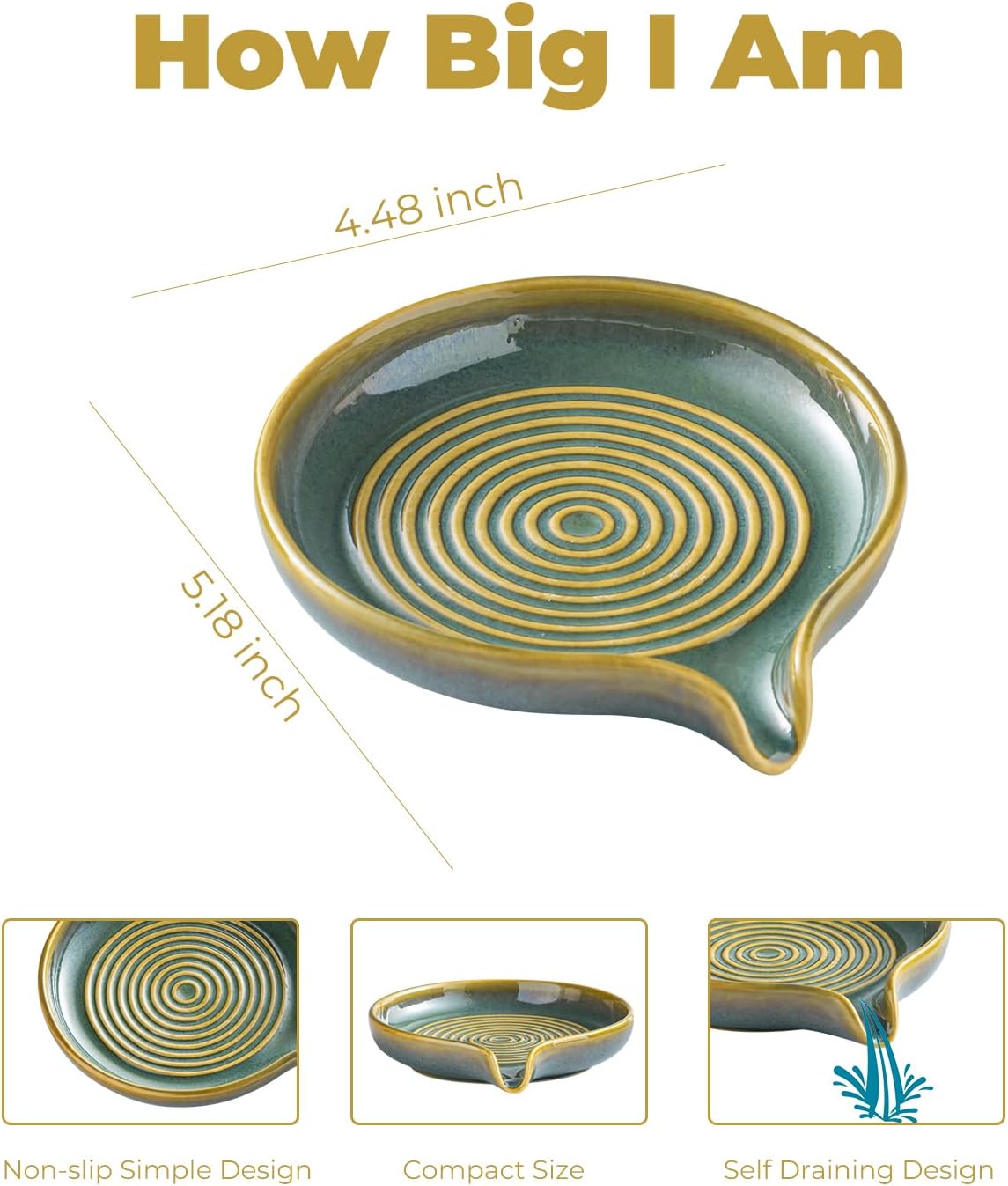 Self Draining Soap Dish, Ceramic Drain Soap Holder Waterfall Design Soap Saver for Shower, Bathroom, Sink, Kitchen and Countertop, Keeps Dry, Green