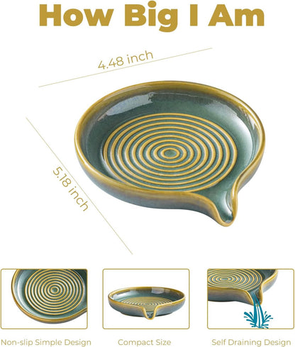 Self Draining Soap Dish, Ceramic Drain Soap Holder Waterfall Design Soap Saver for Shower, Bathroom, Sink, Kitchen and Countertop, Keeps Dry, Green