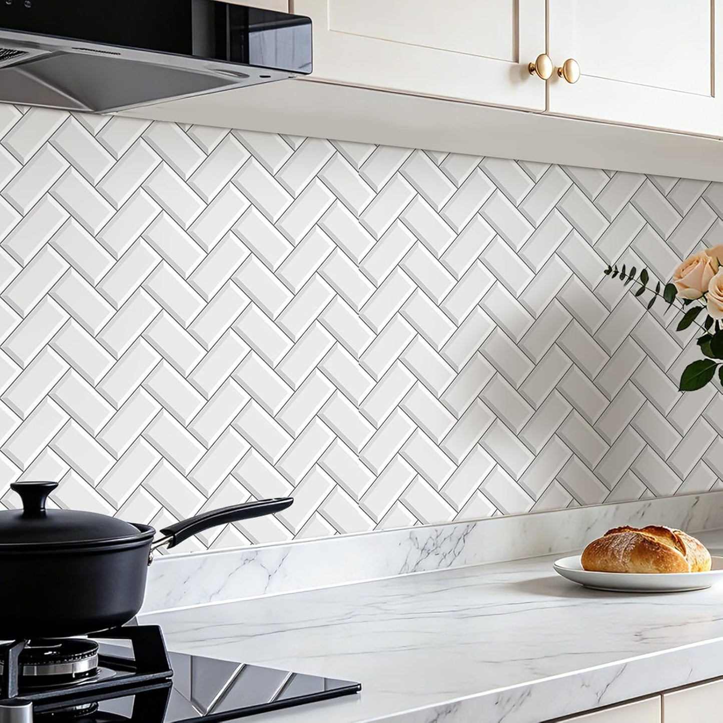 FunStick White Kitchen Wallpaper Peel and Stick Waterproof Herringbone Backsplash Wall Paper for Kitchen Bathroom Tile Wallpaper Removable White Contact Paper Peel and Stick for Cabinets 17.5"x118"