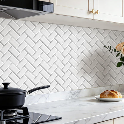 FunStick White Kitchen Wallpaper Peel and Stick Waterproof Herringbone Backsplash Wall Paper for Kitchen Bathroom Tile Wallpaper Removable White Contact Paper Peel and Stick for Cabinets 17.5"x118"