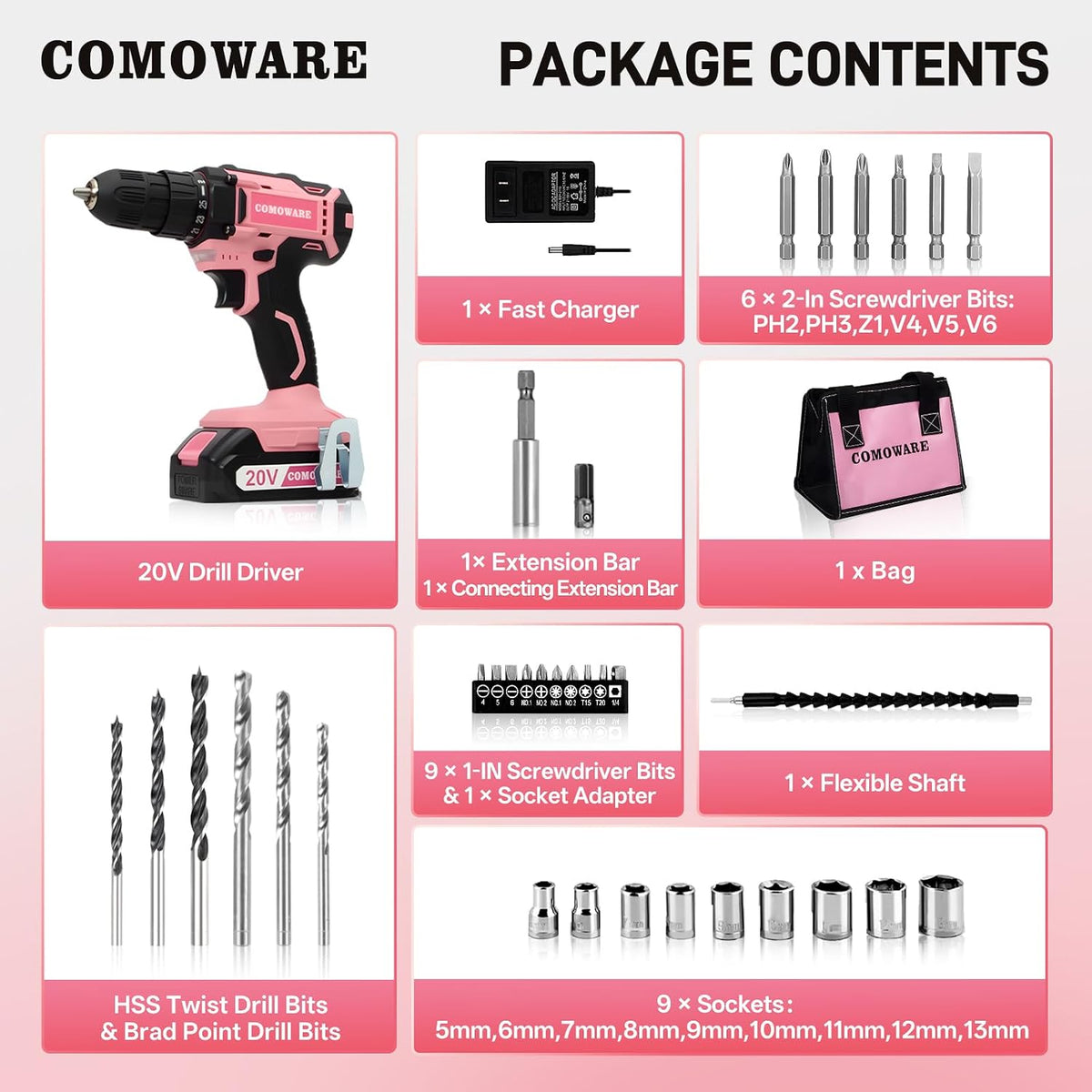 COMOWARE Household Tool Set with 20V Cordless Drill Driver, 120Pcs Hand Tool Kit for Men, Power Drill Set with Plastic Toolbox, Ideal for Office, Garden, DIY Project