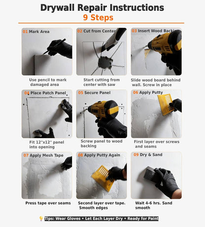 Drywall Repair Kit，34 Pcs 12x12inch Wall Patch Kit with Saw& Wood Boards，Drywall Patch Kit for Large Holes，Sheetrock Repair Kit for Cracks, Dents & Nail Holes-Quick & Easy Wall Surface Repair Solution
