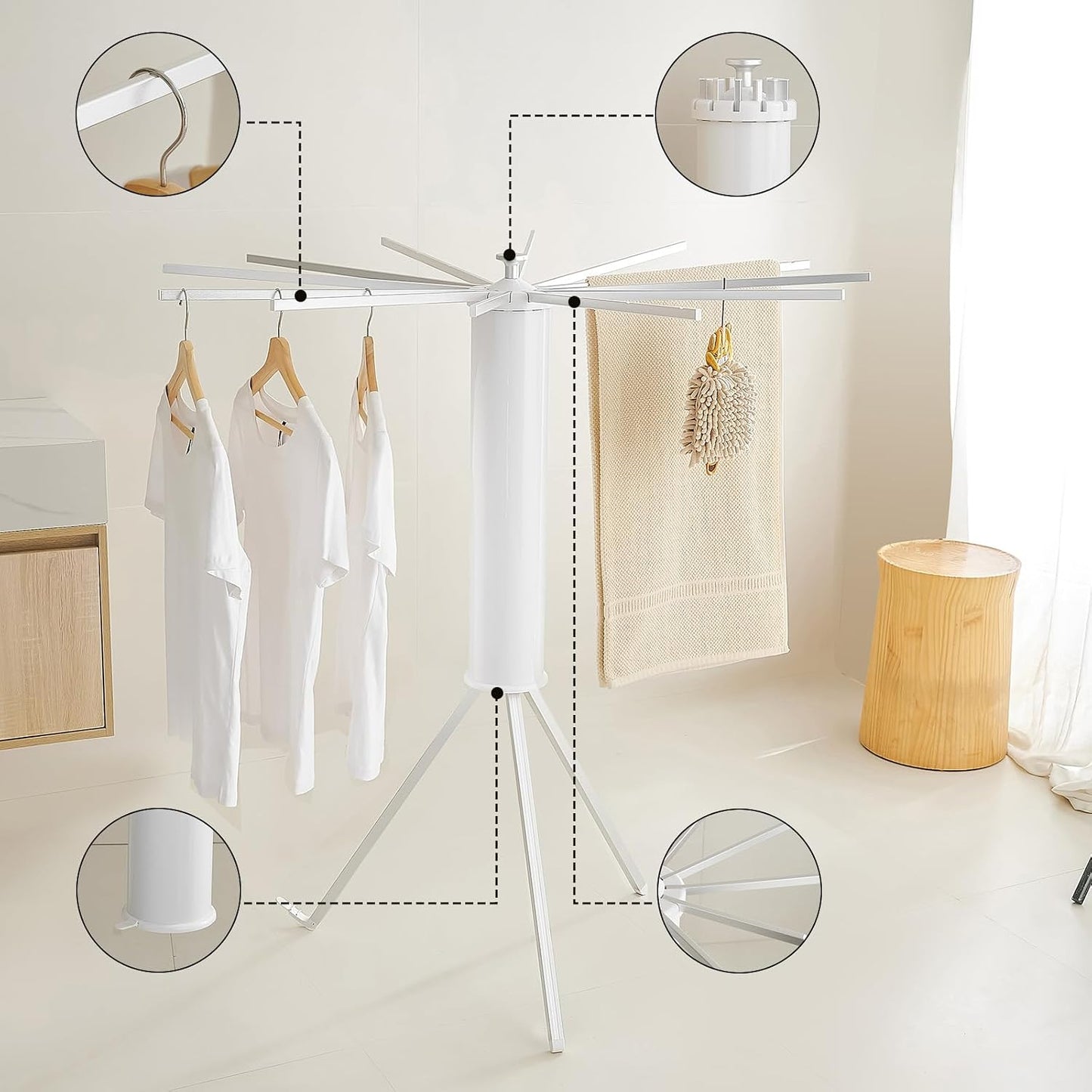 JOOM Tripod Clothes Drying Rack, Garment Rack Portable and Foldable Space Saving Laundry Drying Rack - Drying Rack Clothing Floor Folding Balcony Bedroom Household Wooden
