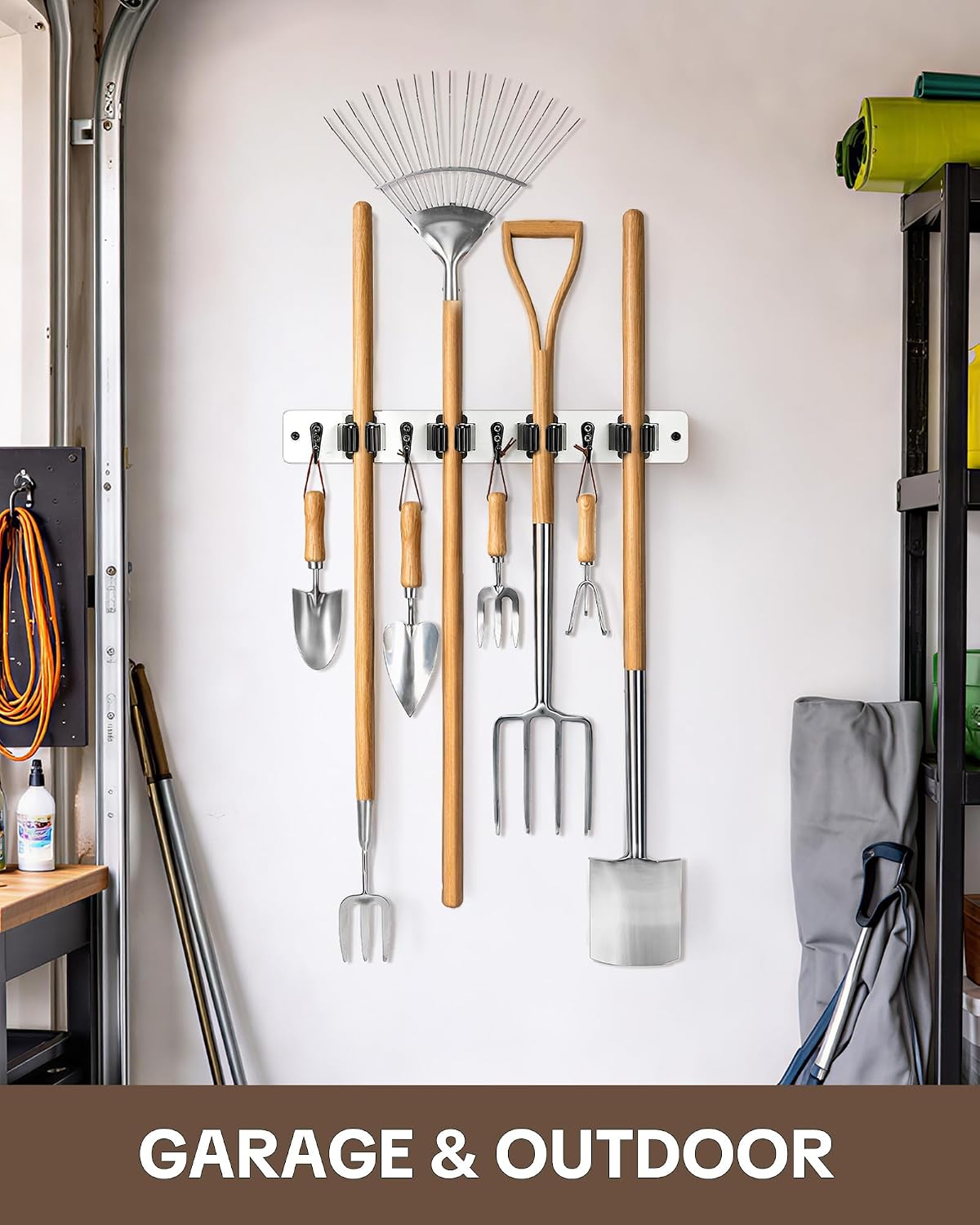 Lorbro 2 Pack Broom Holder Wall Mount, Wooden Broom and Mop Organizer Wall Hanging, Mop Hanger Rack with 4 Slots & 4 Hooks, Tool Organizer for Laundry Room, Closet, Garage, Kitchen