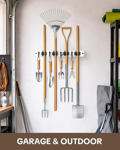 Lorbro 2 Pack Broom Holder Wall Mount, Wooden Broom and Mop Organizer Wall Hanging, Mop Hanger Rack with 4 Slots & 4 Hooks, Tool Organizer for Laundry Room, Closet, Garage, Kitchen