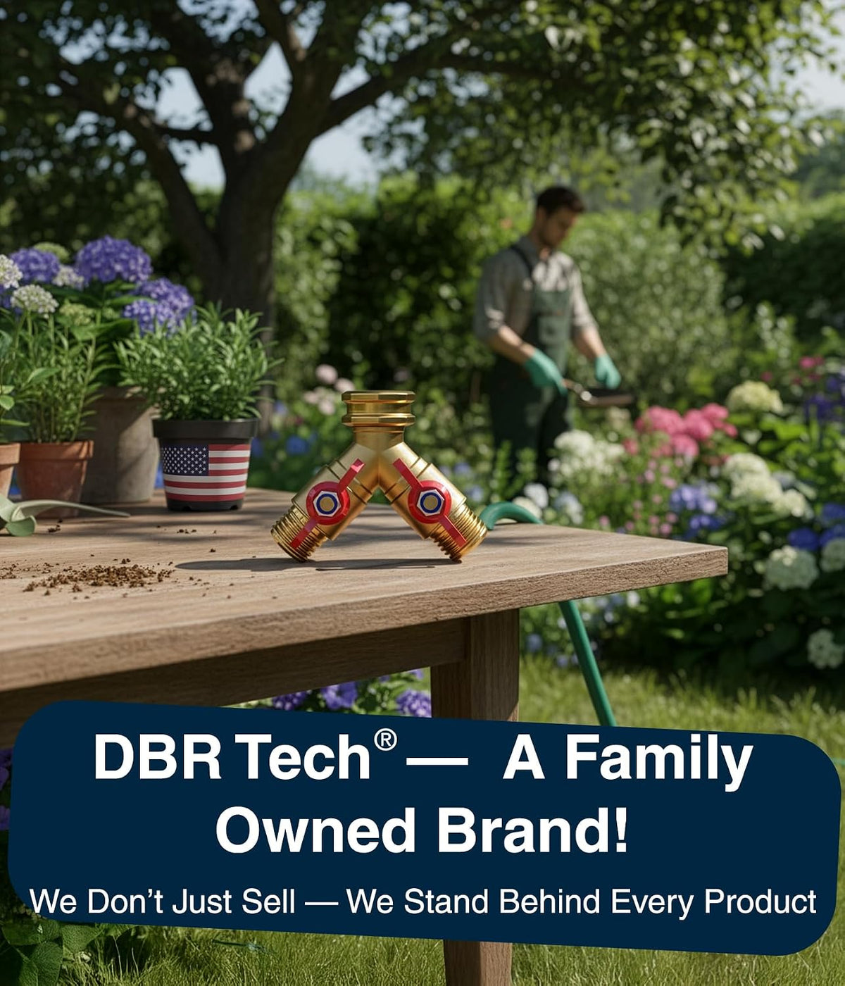 DBR Tech® Garden Hose Splitter 2 Way | Full Flow & Heavy Duty Leak-Proof Brass Water Divider with Dual Shut-Off Valves, Y (Wye) Connector for Outdoor Faucets, Spigots, Lawn & RV | Industrial-Grade