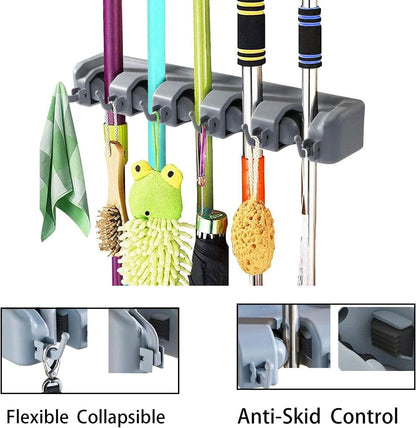 PP Plastic Multi-Function Broom & Mop Wall Mount Holder (16.93.352.36in, Gray) - Screw-Mounted Space Saver for Kitchen/Garage/Garden Tool Organization