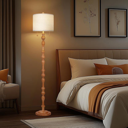 Scenekoy 65.5” Natural Real Wood Floor Lamp for Living Room Bedroom, Dual S Cluster Socket, Pull Chains Switch, Farmhouse Tall Standing Lamp with Linen Shade for Home Room Decor (Bulbs Included)