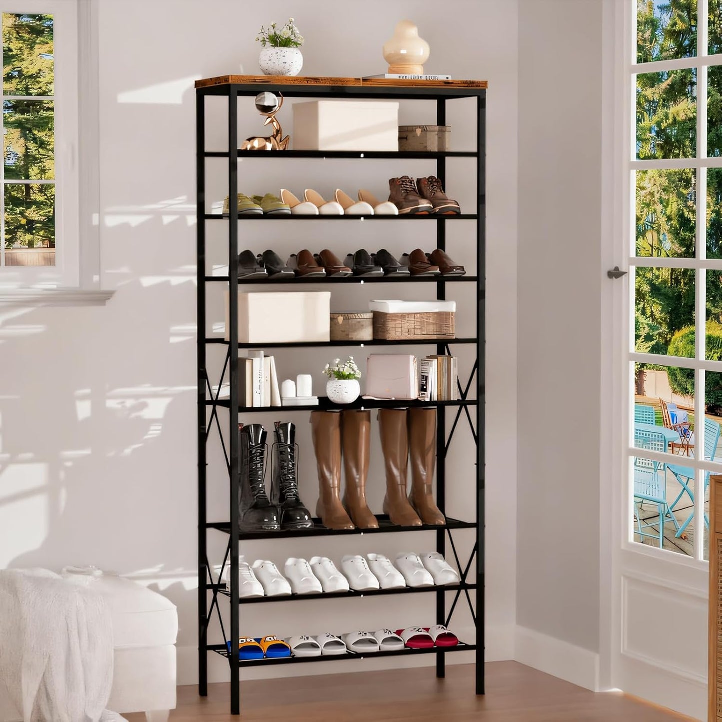 8 Tiers Tall Shoe Rack Organizer, Large Capacity Shoe Rack Holds 32 Pairs of Shoes, Durable and Stable, Adjustable Metal Shelf Stackable Shoe Shelf for Entryway, Hallway, Living Room, Closet