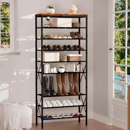 8 Tiers Tall Shoe Rack Organizer, Large Capacity Shoe Rack Holds 32 Pairs of Shoes, Durable and Stable, Adjustable Metal Shelf Stackable Shoe Shelf for Entryway, Hallway, Living Room, Closet