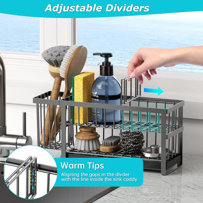 Liuoud Sponge Holder for Kitchen Sink, 2 Tier Sink Caddy Organizer Countertop with Dish Brush Holder and 360° Drain Tray, Rustproof Stainless Steel Dish Soap Storage Rack Set for Accessories Grey