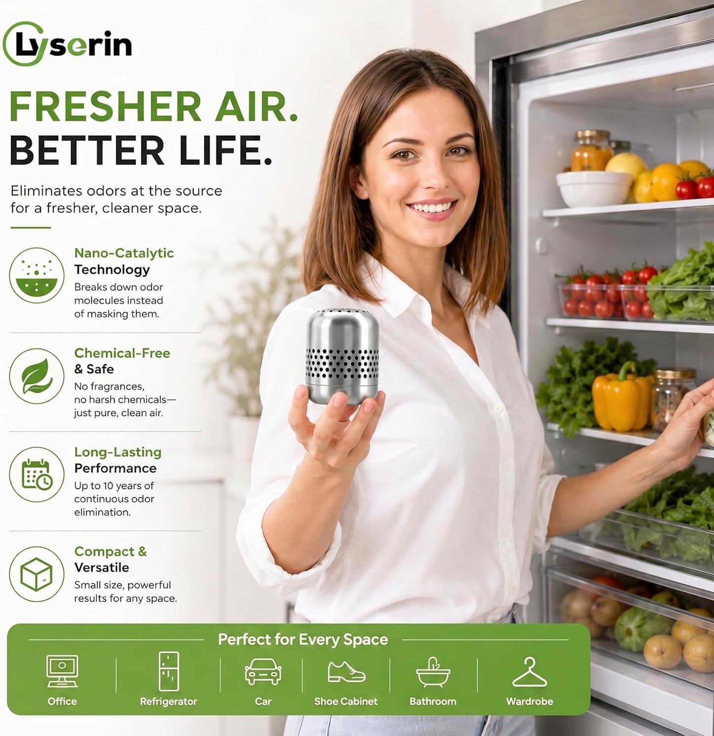 Refrigerator Deodorizer & Odor Eliminator - Lasts 10 Years, Multi-Purpose Air Purifier for Fridge, Closet, and Car - Outperforms Baking Soda & Charcoal (1 Pack)