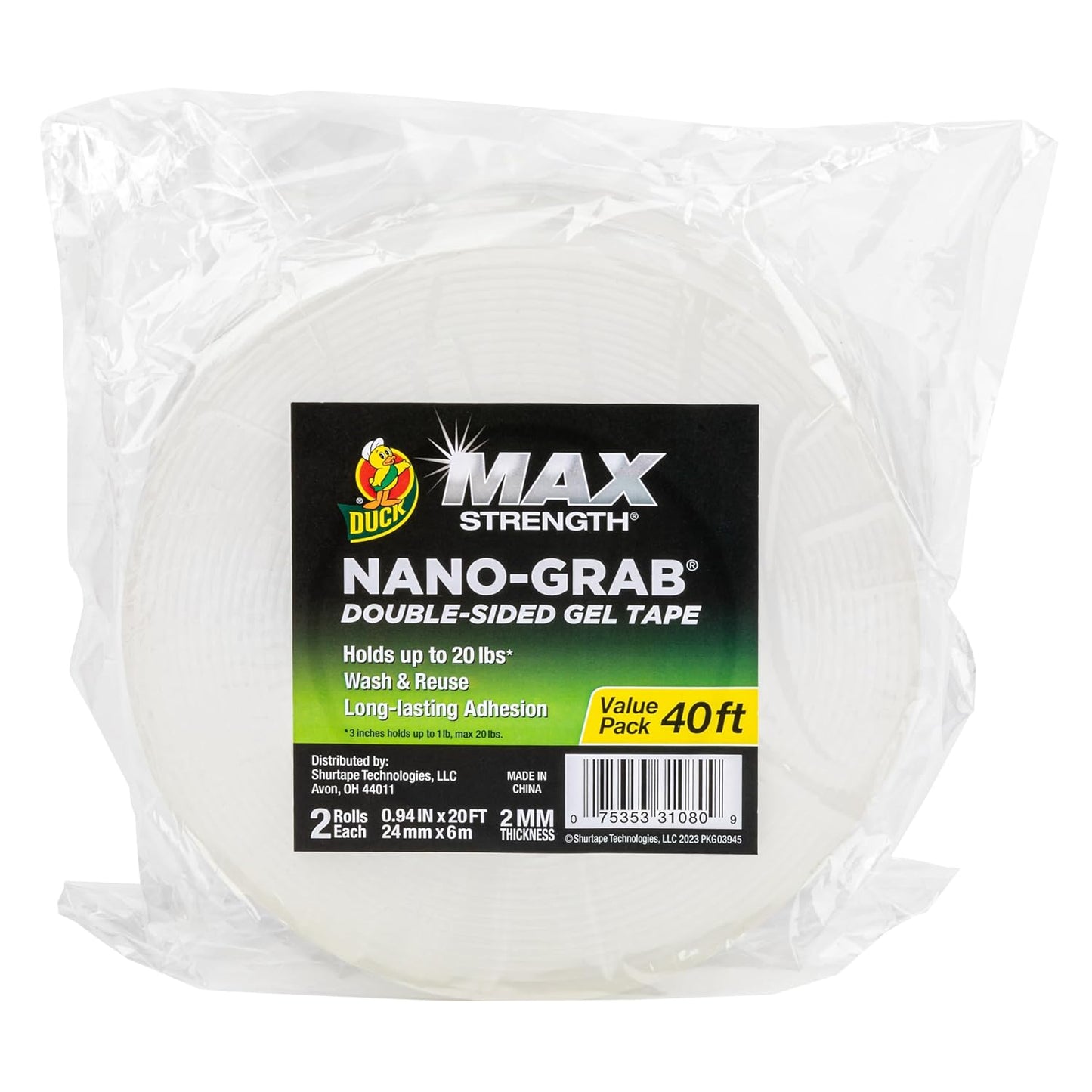 Duck Max Strength Double-Sided Gel Tape with Nano-Grab Technology, Heavy Duty, Multi-Purpose & Removable Adhesive, 0.94 in. x 20 ft, Clear, 2 Rolls