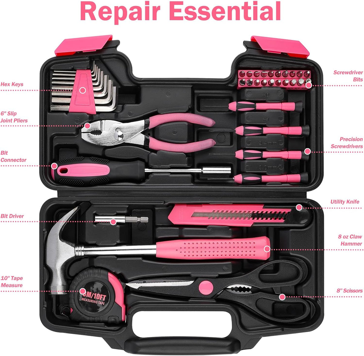40PCS Tool Set , Small Tool Kit, General Household Tool Box for Home Repair, Ideal Gift Choice (Pink)