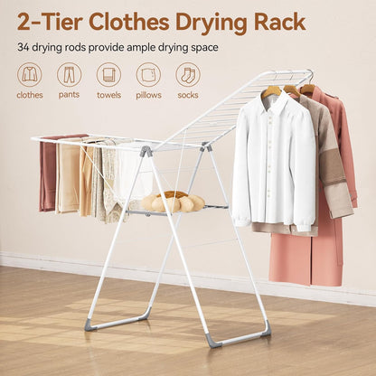 APEXCHASER Clothes Drying Rack, Foldable Drying Rack Clothing, Sturdy Metal Laundry Drying Rack, Height-Adjustable Gullwing, Easy to Fold, Space-Saving, for Indoor Outdoor, White