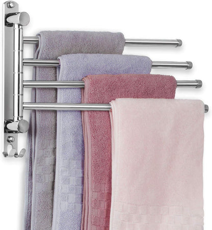 Towel Rack Wall Mounted JSVER Bathroom Towel Rack, Space Saving Towel Holder, 13.4 Inches Swivel SUS304 Stainless Steel Towel Bar, 180° Rotation 6 Arms Towel Racks for Bathroom