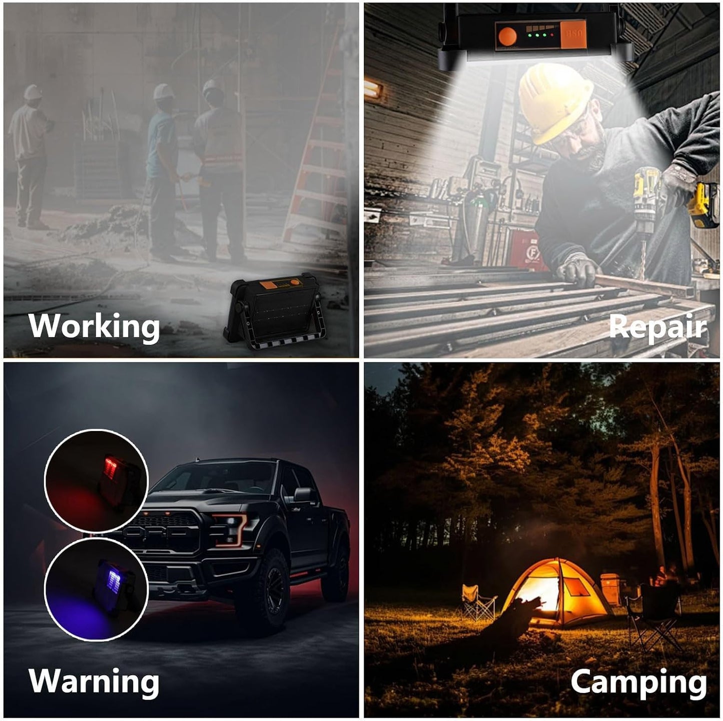 120W Solar Rechargeable Work Light, 144 LED 10000LM Portable Flood Light with Stand, IP66 Waterproof 4 Modes LED Job Site Lighting Flashlights for Mechanic Camping Fishing Car Repair