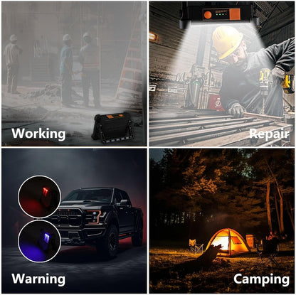 120W Solar Rechargeable Work Light, 144 LED 10000LM Portable Flood Light with Stand, IP66 Waterproof 4 Modes LED Job Site Lighting Flashlights for Mechanic Camping Fishing Car Repair
