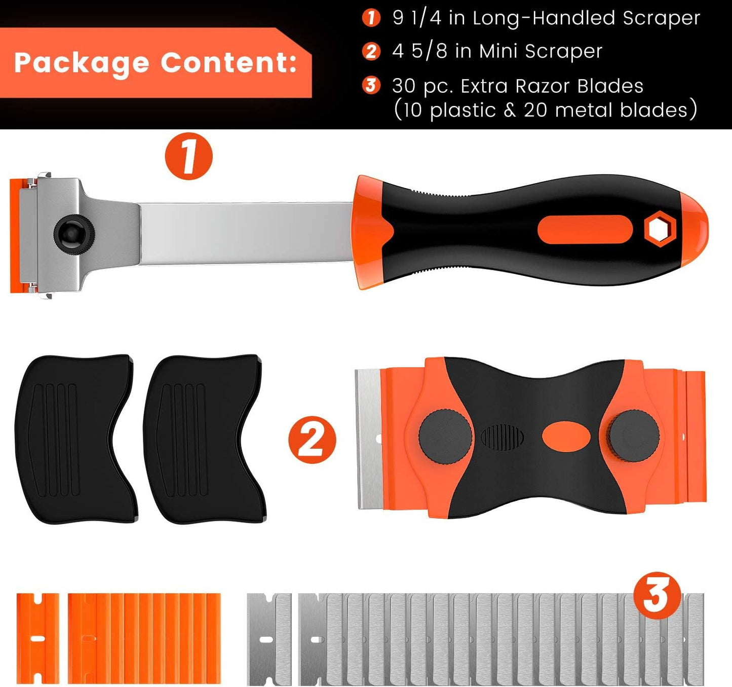 DEKEones Razor Blade Scraper, Long Handled Scraper Tool with 10 Extra Replacement Blades, Razor Scraper Remover for Cleaning Sticker, Paint, Caulk from Window, Car, Glass, Windshield, Stove