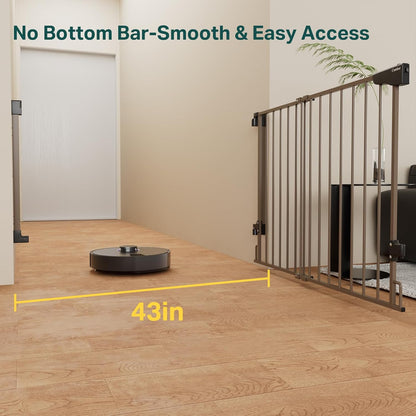 Cumbor 29.2–43" Baby Gate for Stairs, Hardware Mounted (Drill Required), Expandable No Bottom Bar Dog Gate, Auto Close Extra Wide Walk Thru, Pet & Toddler Proof Gate, Top & Bottom of Stairways (White)
