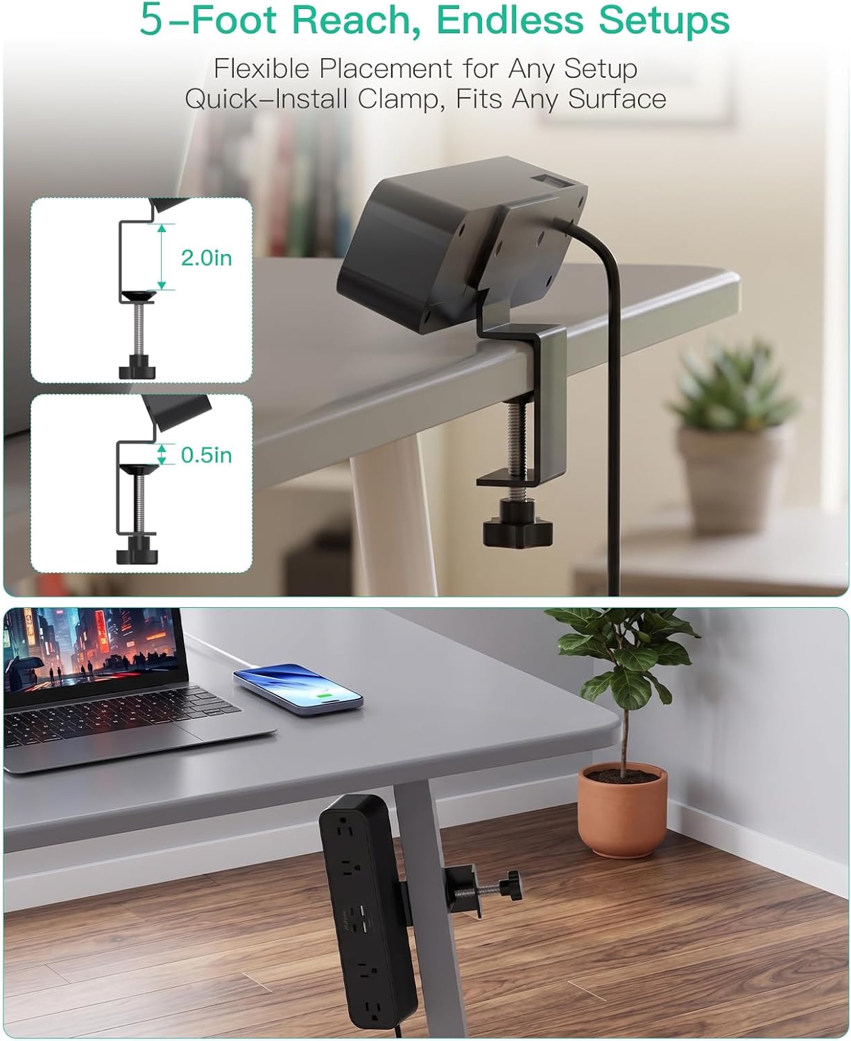 Mifaso PD30W Desk Clamp Power Strip, Surge Protector, Fast Charging Station | 4 Outlets, 4 USB (2 USB C), 5FT Extension Cord, Desk Organizer Gaming Accessories Office Essentials, Fits 1.96" Tabletop Edge