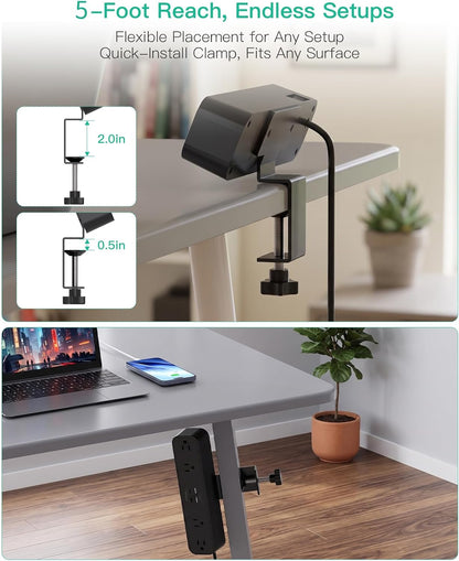 Mifaso PD30W Desk Clamp Power Strip, Surge Protector, Fast Charging Station | 4 Outlets, 4 USB (2 USB C), 5FT Extension Cord, Desk Organizer Gaming Accessories Office Essentials, Fits 1.96" Tabletop Edge