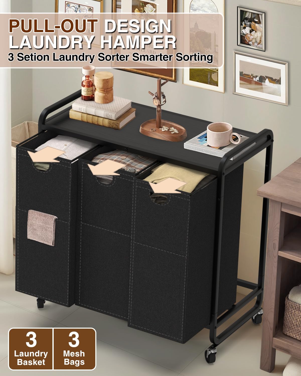 Laundry Sorter 3 Section,Laundry Basket with Wheels,3×15.8 Gal (60L) Laundry Hamper Organizer with Large Wooden Desktop Sorter,Pull-Out and Removable 900D Oxford Fabric Laundry Bags for Laundry Room