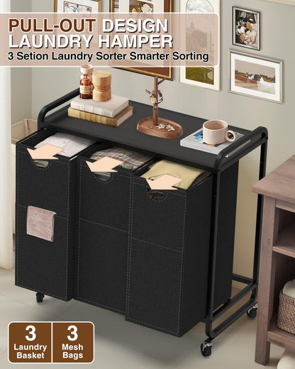 Laundry Sorter 3 Section,Laundry Basket with Wheels,3×15.8 Gal (60L) Laundry Hamper Organizer with Large Wooden Desktop Sorter,Pull-Out and Removable 900D Oxford Fabric Laundry Bags for Laundry Room