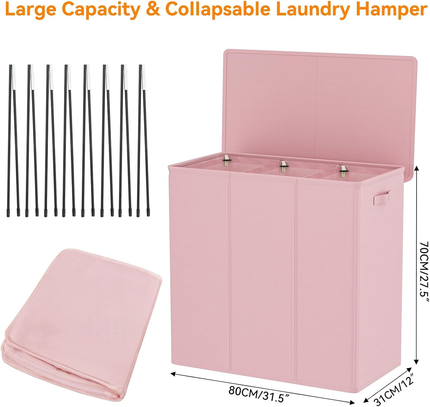 WOWLIVE 180L Laundry Hamper with Lid 3 Section,Large Laundry Basket with Removable Bags and Handles,Collapsible Dirty Clothes Hampers for Laundry,Laundry Basket Organizer for Laundry Room,Dorm,Beige