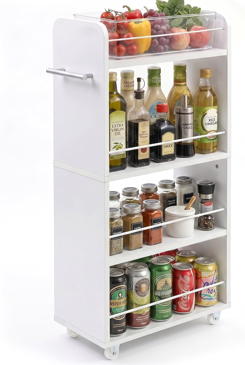 Slim Rolling Storage Cart,4 Tier White Rolling Utility Cart Slide Out Rack | Narrow Spice Rack Organizer Trolley for Kitchen Bathroom Larundry Small Corner 7.7inch wide