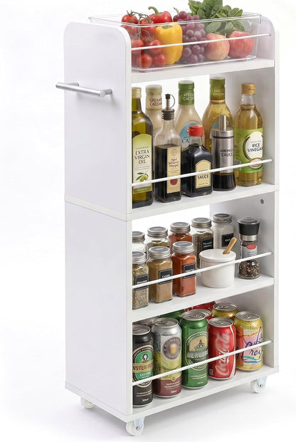 Slim Rolling Storage Cart,4 Tier White Rolling Utility Cart Slide Out Rack | Narrow Spice Rack Organizer Trolley for Kitchen Bathroom Larundry Small Corner 7.7inch wide