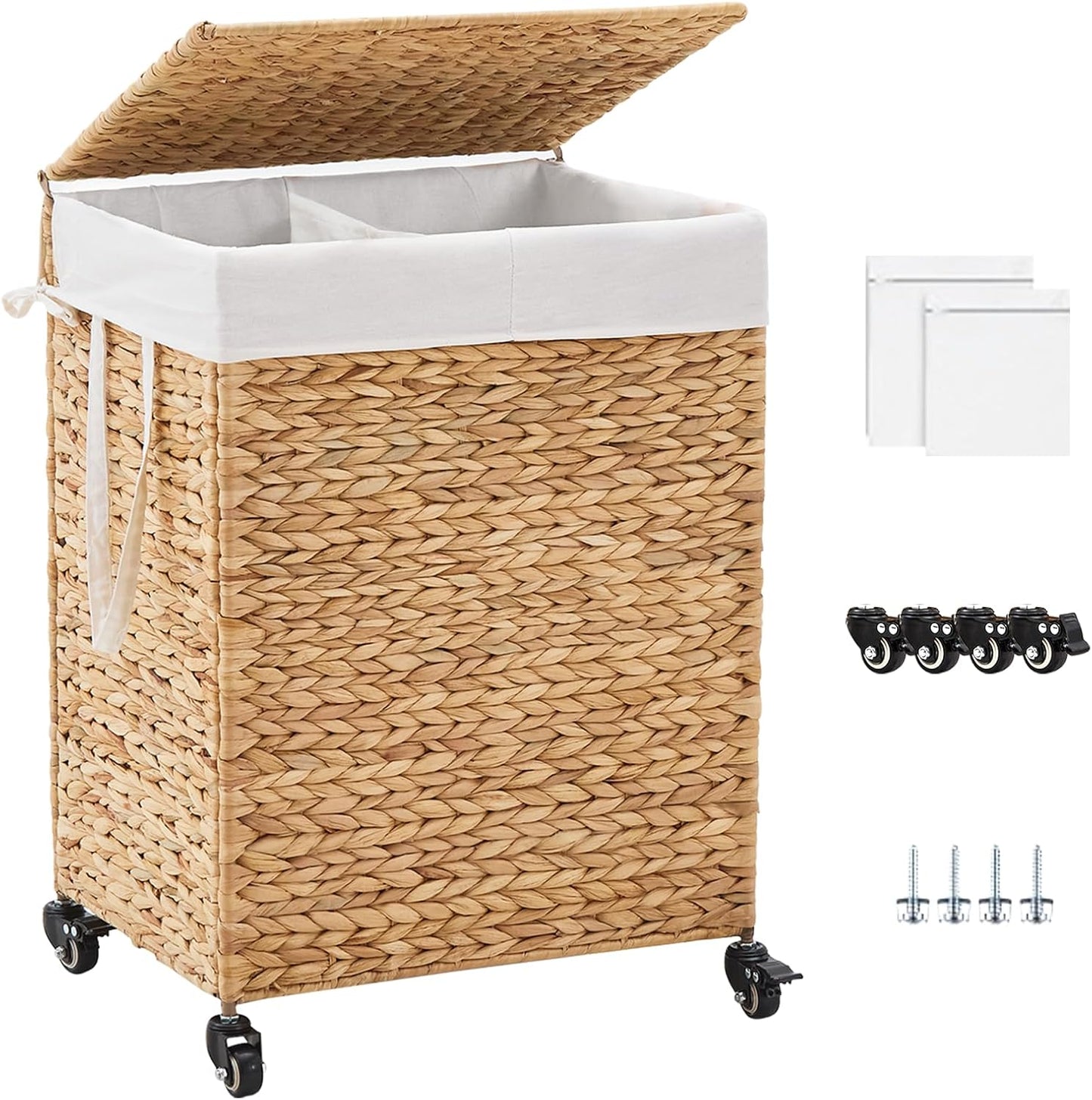 3-Section Laundry Hamper with Lid, Large Capacity Woven Natural Water Hyacinth Laundry Sorter with Removable Liners, Rolling or Non-Slip Design for Bedroom (Natural, 155L)