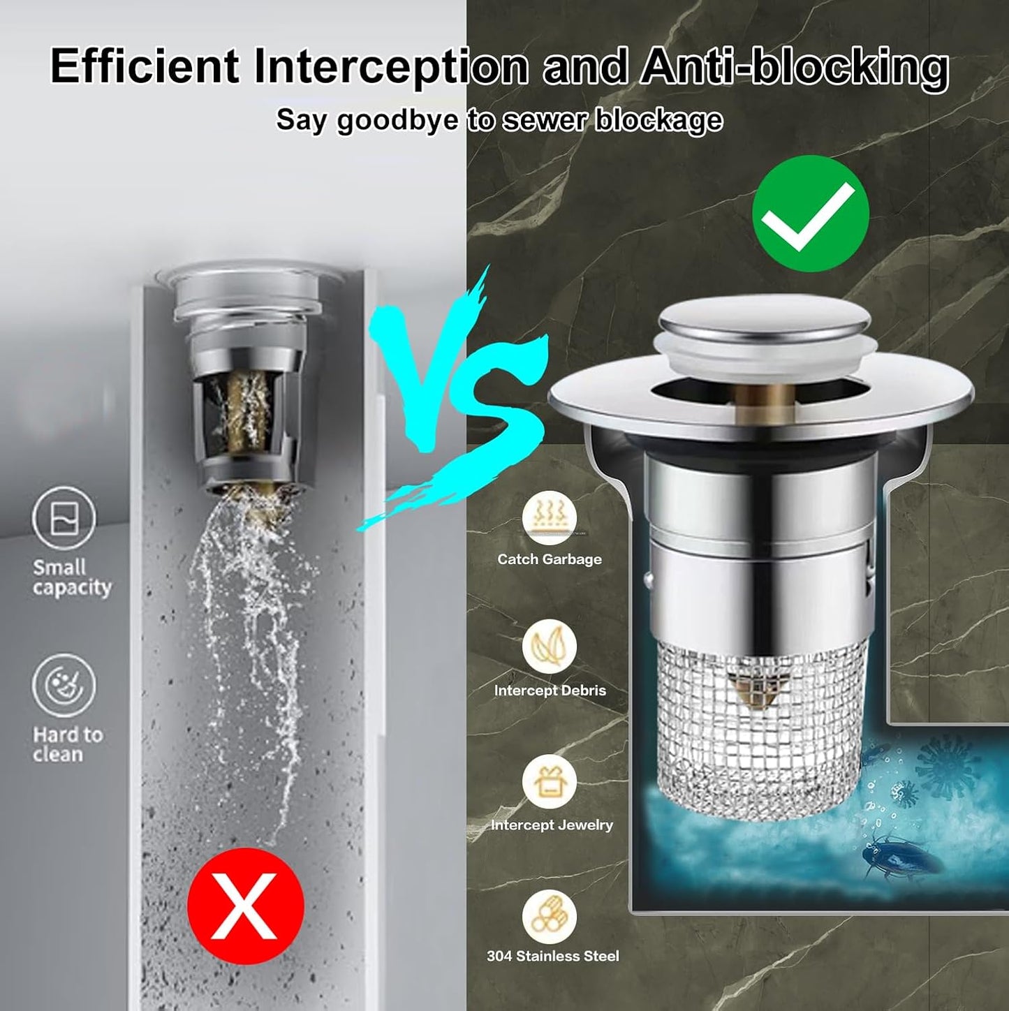 Bathroom Sink Strainer, 3 in 1 Sink Stopper Hair Catcher with Basket, Pop-up Sink Drain Strainer with Removable Stainless Steel Strainer, Replacement Sink Plug for US Bathroom Sink Stopper