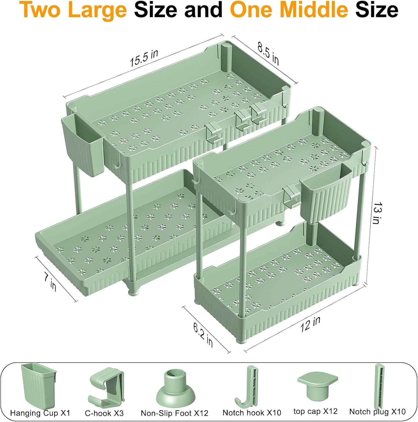 Sevenblue 3-Pack 2-Tier Under Sink Organizers with Sliding Drawers | Multi-use kitchen & bathroom storage, 12.8 inch black cabinet organizer, space-saving sliding drawer design.