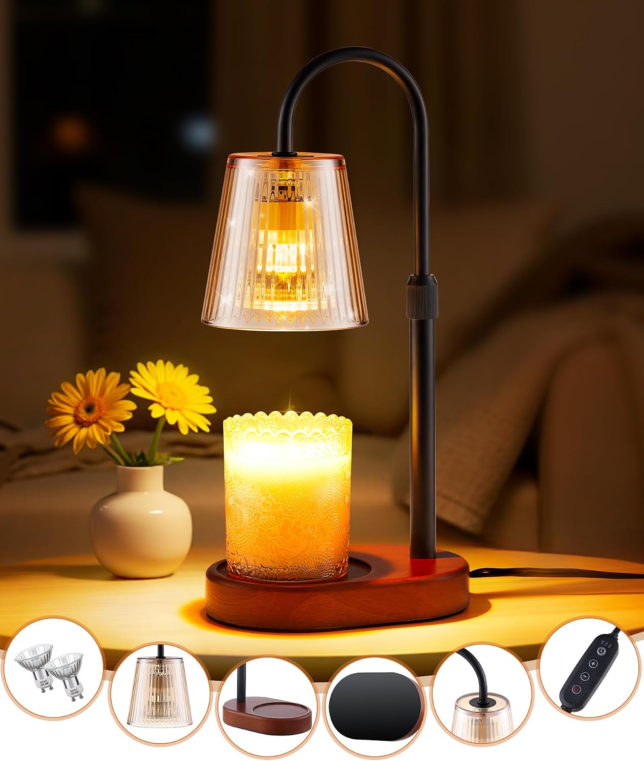 Adjustable Candle Warmer Lamp with Timer - Electric Light Wax Warming Dimmable Flameless Top Melter Heater Melting Heating Height Small Jar Candles Gifts Women Mom Birthday Home Desk Modern Decor