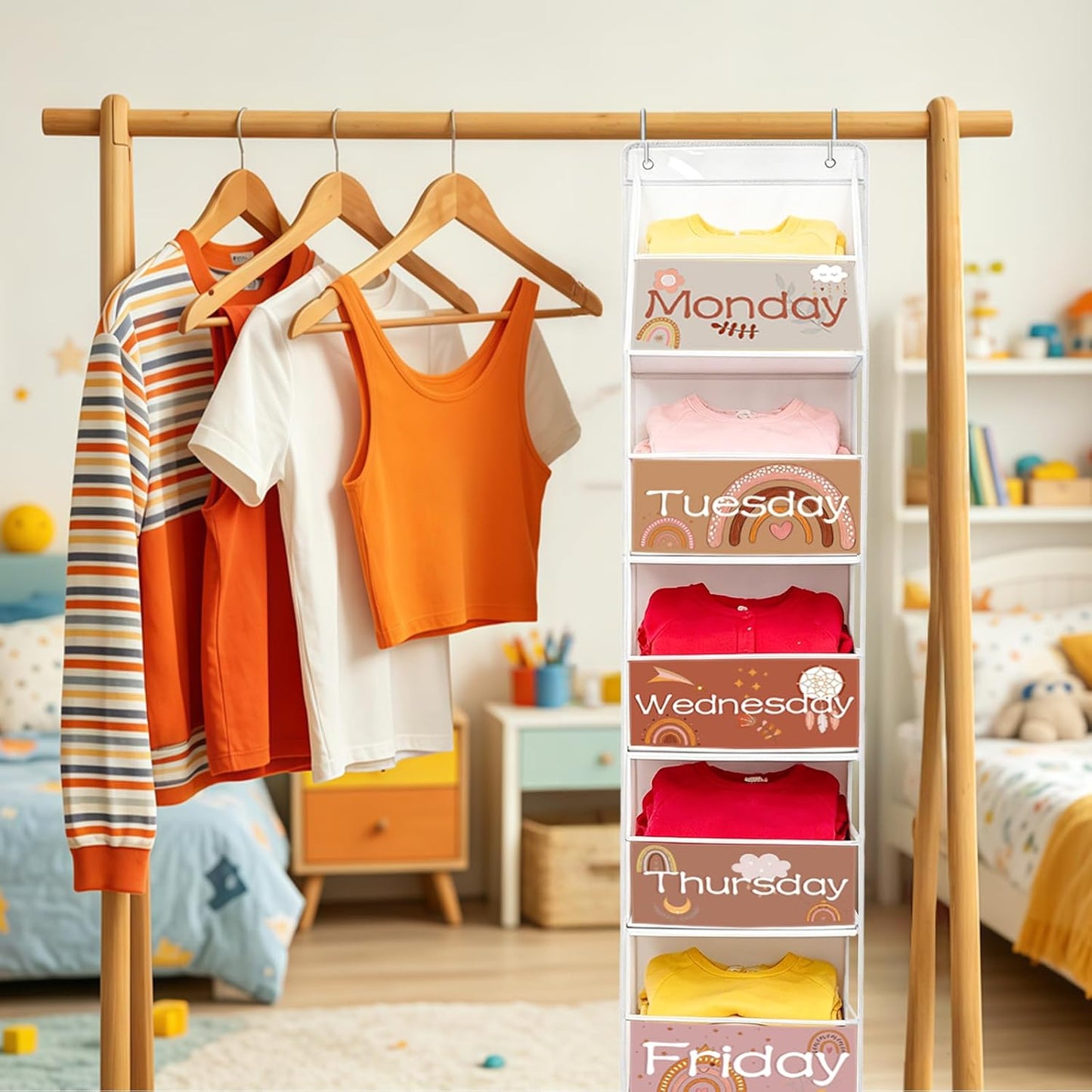 2 Pack Weekly Clothes Organizer for Kids, 6 Shelf Hanging Closet Organizer with Clear Window, Foldable Days of the Week Over the Door Outfit Organizer with Labels for Closet School