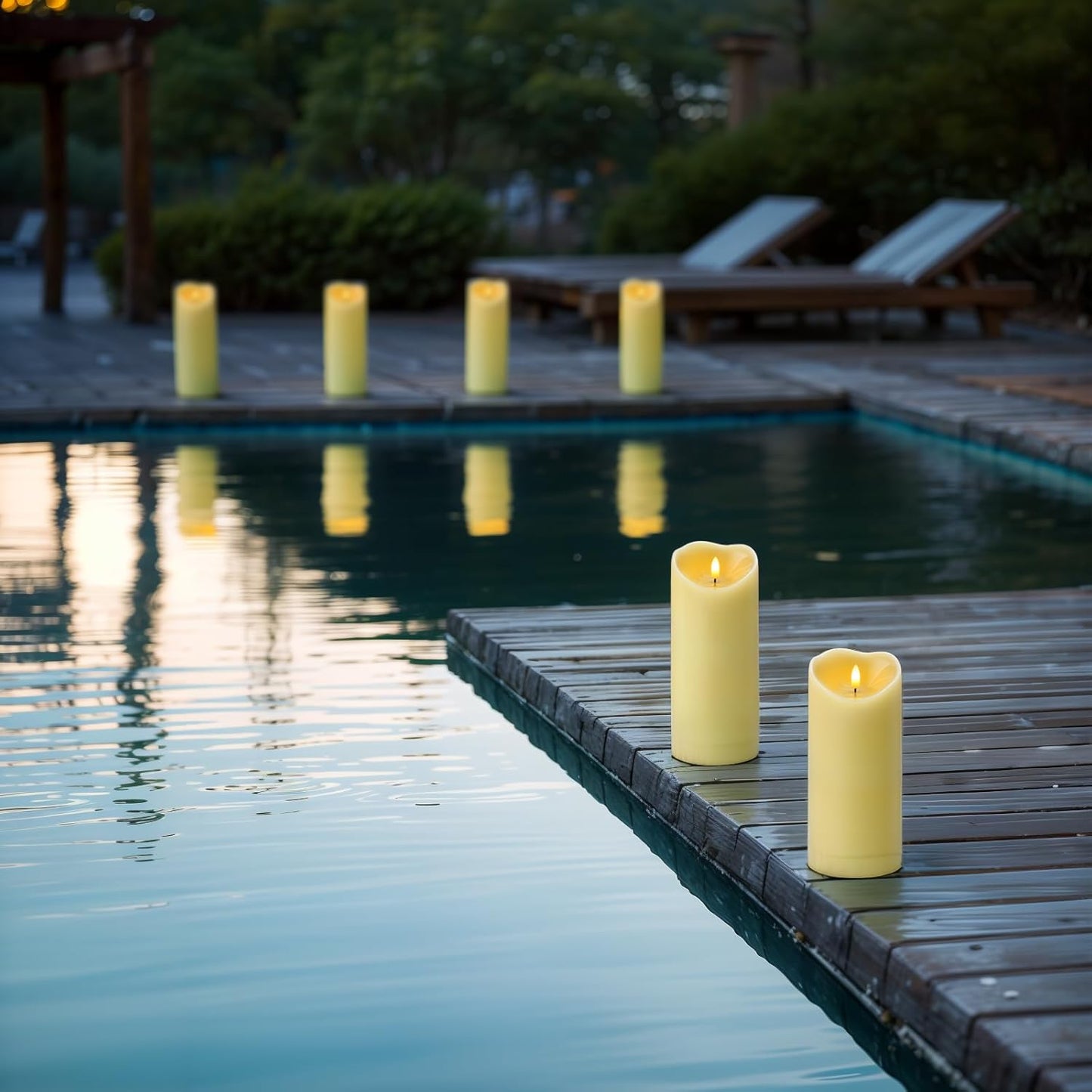 Amagic IP65 Waterproof Outdoor Flameless Candles with Remote, LED Candles Battery Operated with Timer, Flickering Fake Pillar Candle for Outside Patio Yard Decor, Ivory, Set of 5, D3 X H4 5" 6" 8" 8"