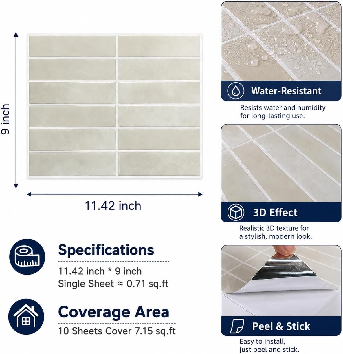 Peel and Stick Backsplash Tiles – Easy DIY Self-Adhesive Subway Wall Tiles, 10 Pack for Kitchen & Bathroom, 11.42'' x 9'' (White Grey)