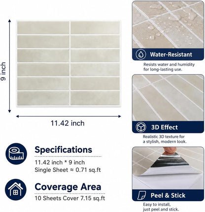 Peel and Stick Backsplash Tiles – Easy DIY Self-Adhesive Subway Wall Tiles, 10 Pack for Kitchen & Bathroom, 11.42'' x 9'' (White Grey)