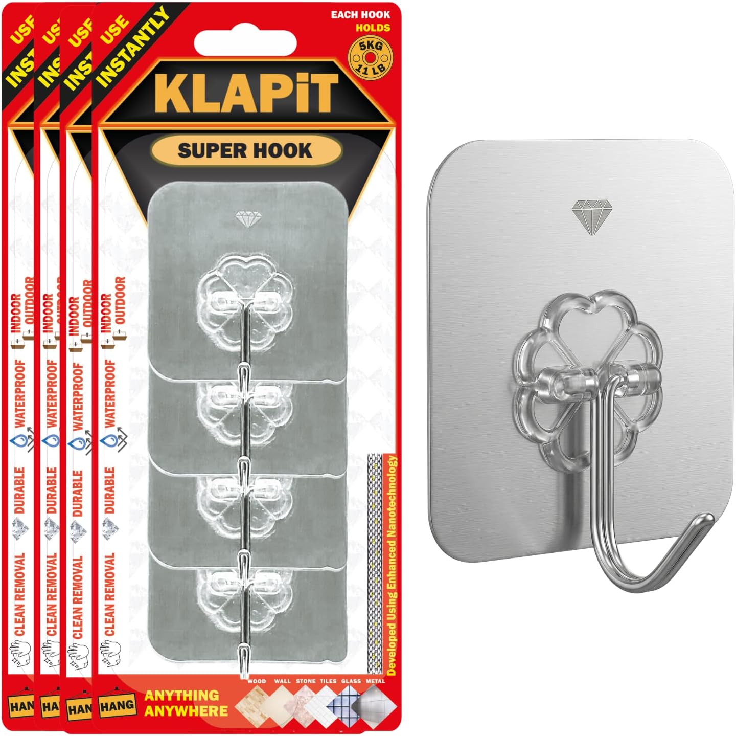 KLAPiT Super Hook - Heavy-Duty Adhesive Clear Wall Hooks Made of Stainless Steel, Holds up to 11 lbs, Waterproof, No Damage, Easy Install on Tile, Wood, Stone, Glass & Metal (Clear, 8pc)